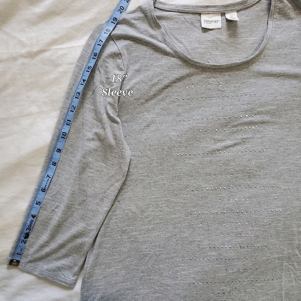 ZENERGY Chicos Gray Sparkle Rhinestone Metallic Top Blouse Womens 2 Large FLAW - Picture 13 of 15
